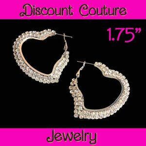 Silver Crystal Rhinestone Heart Hoop Earrings Big 1.75" 2 Row VTG 90s NEW